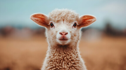 Naklejka premium Fluffy young lamb looking directly at the camera in a warm sunny field.
