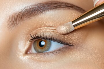 Close Up of Woman's Eye with Golden Glitter Eyeshadow Applied with Brush