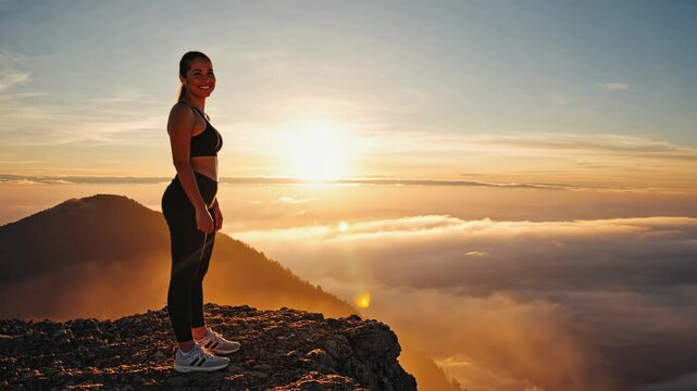 A Te Āti Awa woman stands on a mountain peak, smiling as the sun rises behind her. The morning mist swirls around her feet, creating a dreamlike effect. Empty space for text on the right