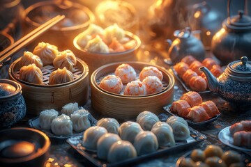 An exquisite dim sum selection displayed in bamboo steamers and elegant dishes, illuminated by warm, inviting light for a delightful culinary experience.