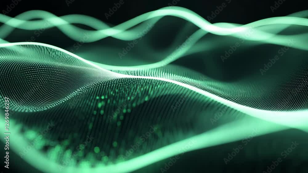 Poster vibrant glowing waves ripple through digital landscape in mesmerizing pattern of light and texture