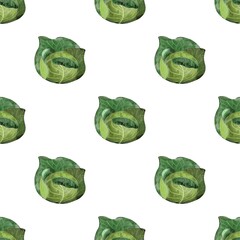 Seamless pattern with green cabbages illustrations, vegetables pattern, cabbages fabric design, kitchen print, watercolor