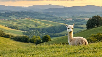 Naklejka premium Alpaca on a hillside overlooking a scenic valley at sunset.