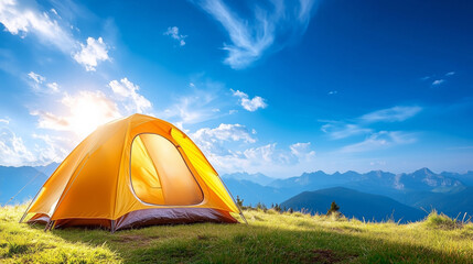 Bright orange camping tent set against a stunning mountain landscape under a clear blue sky during early morning light