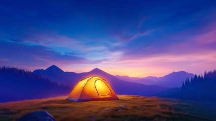 Campers set up a glowing tent in a serene mountainous landscape during twilight hours