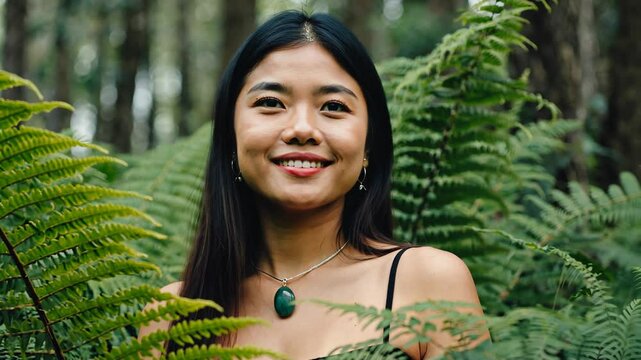 A Māori Ngāti Porou woman stands among lush ferns in a serene New Zealand forest, her hei tiki pendant reflecting the gentle sunlight. Her warm smile