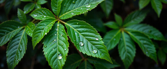 Wet shiny leaves glistening in dense forest, nature's freshness