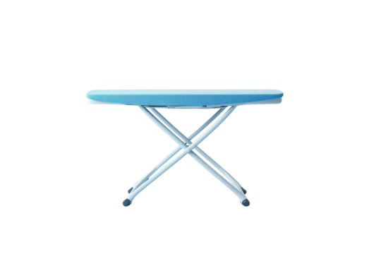 A bright blue ironing board stands ready for use in a minimalistic indoor space isolated on transparent background