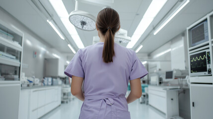 Obraz premium Healthcare professional in lavender scrubs standing in a medical facility