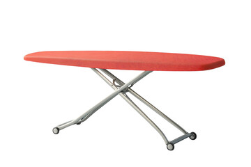 A bright red ironing board set against a minimalist backdrop ready for household chores isolated on transparent background