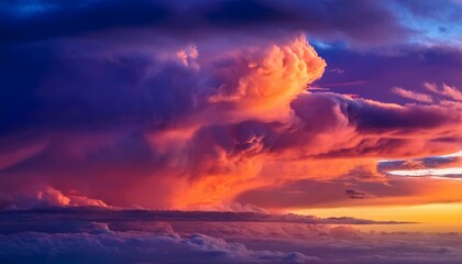 Fototapeta premium a vivid blend of colorful clouds swirls together transitioning from deep purple to vibrant orange as bright sunlight emerges from the horizon on a clear day creating an enchanting atmosphere