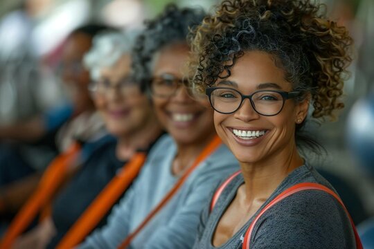 Portrait of laughing trainer and senior customers, some wearing eyeglasses, with resistance bands sitting on fitness balls at gym. - Powered by Adobe