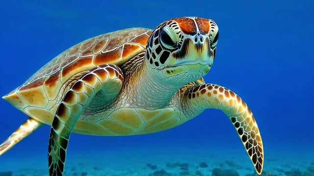 A vibrant sea turtle glides effortlessly through crystal blue waters, showcasing its unique shell patterns and serene movements. The underwater environment is bright and inviting.