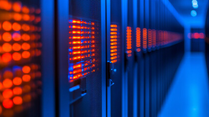 Information flows through a data center storage system, with blue and orange lighting illuminating the cloud infrastructure. The modern server racks represent robust cybersecurity and hosting support