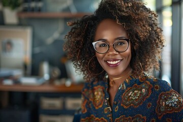 Portrait of laughing businesswoman with eyeglasses at desk in office.