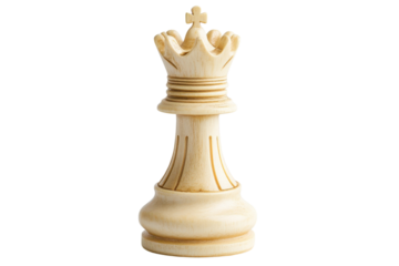 A proud wooden chess queen symbolizes strategy and conquest against a minimalist backdrop isolated on transparent background