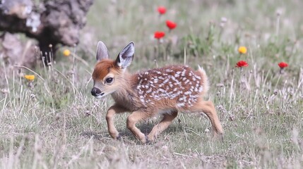 Fawn running meadow wildflowers spring nature
