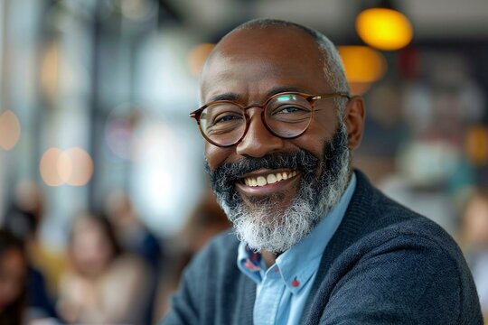 Mature businessman with a well-groomed beard and eyeglasses laughing at the hiring interview in the office.