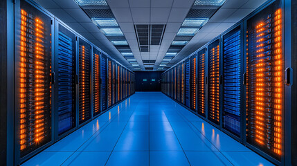 Information flows through a data center storage system, with blue and orange lighting illuminating the cloud infrastructure. The modern server racks represent robust cybersecurity and hosting support