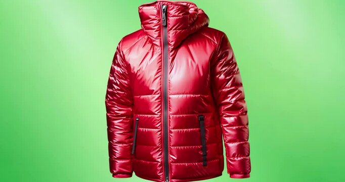 Shiny Red Puffer Jacket with Hood on Green Background for Winter Fashion

