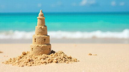 sandcastle on sunny beach with turquoise water in the background, empty space for text, holidays and travel