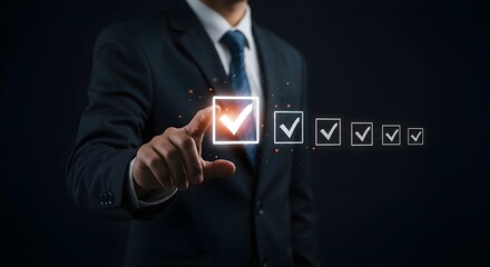 A businessman in a suit is selecting checkboxes on a digital interface, symbolizing task completion and success.