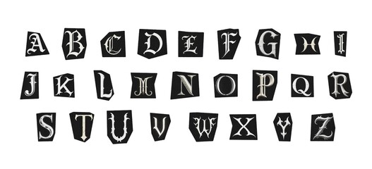 Fototapeta premium set of cut-out english png alphabet from magazines on a white background, black and white gothic ransom style