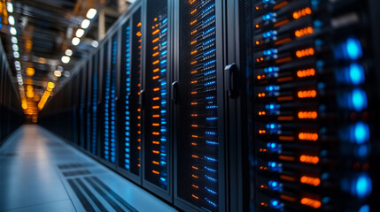Information flows through a data center storage system, with blue and orange lighting illuminating the cloud infrastructure. The modern server racks represent robust cybersecurity and hosting support