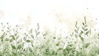Fototapeta premium Mint Green Watercolor Background, Detailed Wildflower Sketches, Graceful Lines, and an Airy Style.