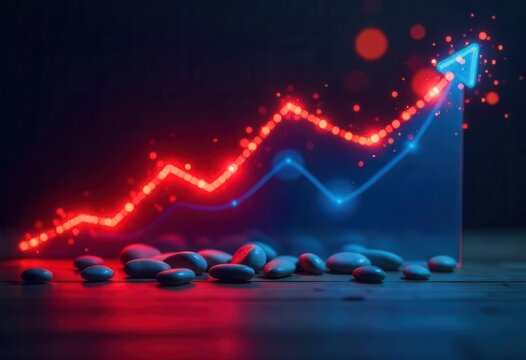 A glowing red line graph rises sharply against