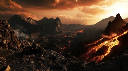 Naklejka premium Fiery Volcanic Landscape at Sunset: A Breathtaking Mountain Range