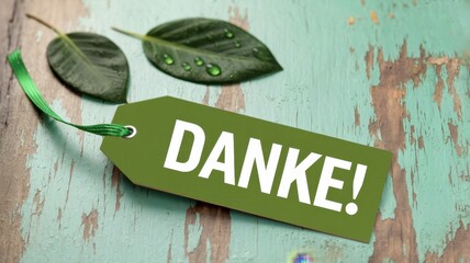 A green tag with the word danke on a table