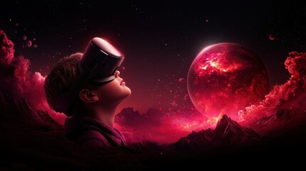 Obraz premium expression of A lone kid wearing VR. surround by planet galaxy, surrealistic environment