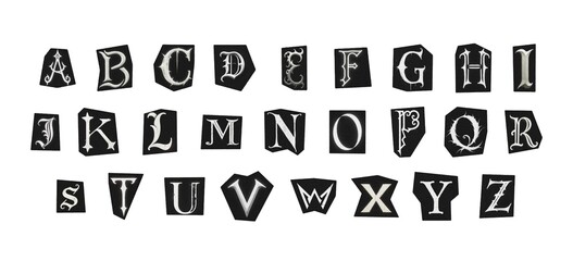 set of cut-out english png alphabet from magazines on a white background, black and white gothic ransom style