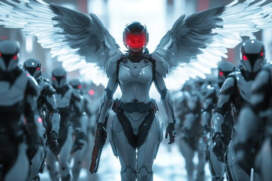 Futuristic cybernetic warrior with white armor and mechanical wings leads an army of humanoid robots with glowing red visors
