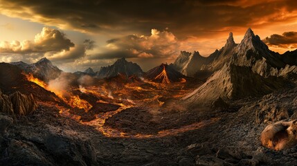 Naklejka premium Volcanic Eruption Landscape: A Fiery Mountain Range in a Dramatic Setting