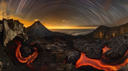 Naklejka premium Breathtaking Volcanic Landscape Under a Starry Night Sky