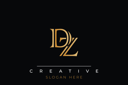 Sophisticated gold DZ monogram logo on a sleek black background, ideal for branding, creative design, and luxurious themes.
