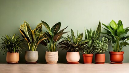 Obraz premium Lush indoor plants arranged neatly along a wall in a modern setting with soft lighting