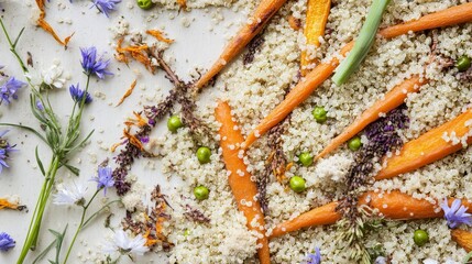 A Colorful Quinoa Dish with Roasted Carrots and Floral Garnish