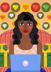 Frau mit Laptop, umgeben von Herzen und Geschenken – Woman with laptop, surrounded by hearts and gifts (Illustration)