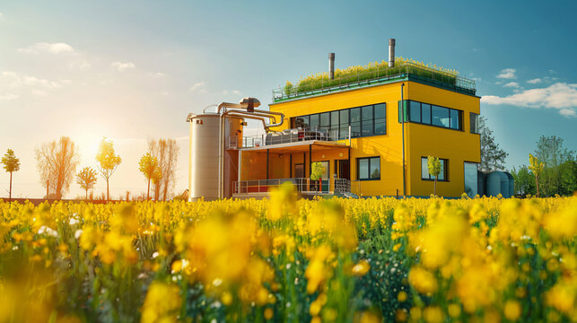 A modern biogas digester system processing organic waste into renewable energy, with pipes and storage tanks under a bright blue sky. 