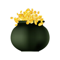 Realistic 3d Pot of Gold with Shamrocks and gold coins.