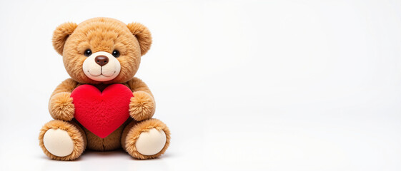 Obraz premium Teddy bear holding a red heart, evoking feelings of love and affection, symbolizing warmth and companionship, with a minimalistic white background. Valentine's Day