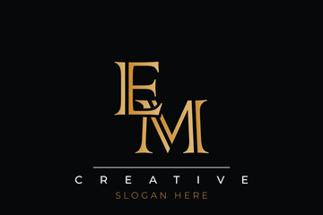 Sophisticated gold EM monogram logo on a sleek black background, ideal for branding, creative design, and luxurious themes.