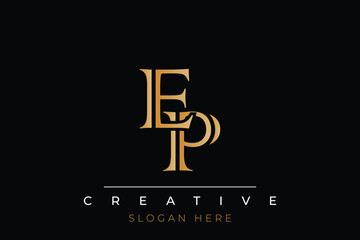 Sophisticated gold EP monogram logo on a sleek black background, ideal for branding, creative design, and luxurious themes.
