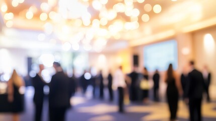 Blurred Corporate Event Reception - Reception area of a corporate event with attendees blurred in the background.