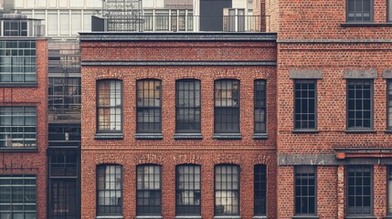 Obraz premium Urban brick buildings, multiple stories, windows, city skyline background, architectural photography