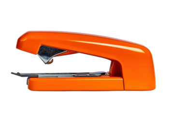 Bright orange stapler on a minimalist desk setting showcasing modern office tools and colors isolated on transparent background