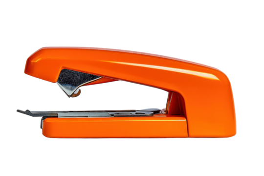 Bright orange stapler on a minimalist desk setting showcasing modern office tools and colors isolated on transparent background